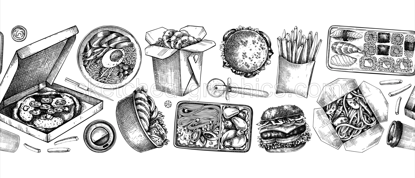 Food delivery border. Hand drawn vector illustration. Takeout food in paper box, fast food menu, ribbon design. Pizza, burger, coffee, noodles, poke, sushi sketch. Take away food seamless pattern Illustration